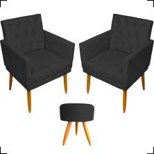 Kit 2 Poltronas Decorativas Nina Com Base E Capitonê + Puff Redondo Suede Preto Pé Castanho - Clique E Decore