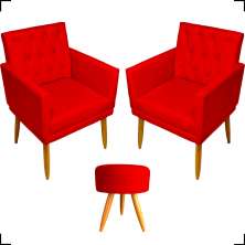 Kit 2 Poltronas Decorativas Nina Com Base E Capitonê + Puff Redondo Suede Vermelho Pé Castanho - Clique E Decore