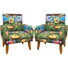 Kit 2 Poltronas Decorativas Nina Infantil Para Quarto Infantil Suede Estampa Bob Esponja Pé Castanho