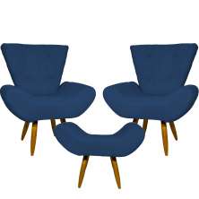 Kit 2 Poltronas Decorativas Para Sala Emilia + Puff Emilia Suede Azul Marinho Pé Castanho - Clique E Decore