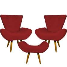 Kit 2 Poltronas Decorativas Para Sala Emilia + Puff Emilia Suede Bordô Pé Castanho - Clique E Decore