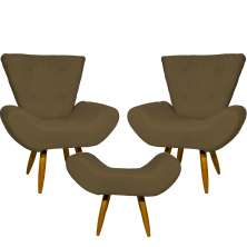 Kit 2 Poltronas Decorativas Para Sala Emilia + Puff Emilia Suede Marrom Pé Castanho - Clique E Decore