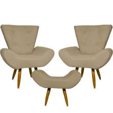 Kit 2 Poltronas Decorativas Para Sala Emilia + Puff Emilia Suede Nude Pé Castanho - Clique E Decore