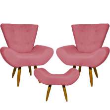 Kit 2 Poltronas Decorativas Para Sala Emilia + Puff Emilia Suede Rosê Pé Castanho - Clique E Decore