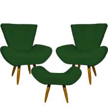 Kit 2 Poltronas Decorativas Para Sala Emilia + Puff Emilia Suede Verde Pé Castanho - Clique E Decore