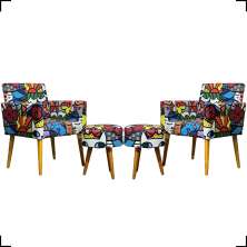Kit 2 Poltronas Decorativas Para Sala Nina + 2 Puff Estampa Romero Brito Pé Castanho - Clique E Decore