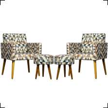Kit 2 Poltronas Decorativas Para Sala Nina + 2 Puff Estampa Triângulo Bege Pé Castanho - Clique E Decore