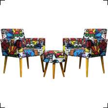 Kit 2 Poltronas Decorativas Para Sala Nina + Puff Estampa Romero Brito Pé Castanho - Clique E Decore
