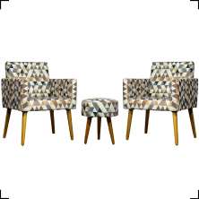 Kit 2 Poltronas Decorativas Para Sala Nina + Puff Estampa Triângulo Bege Pé Castanho - Clique E Decore