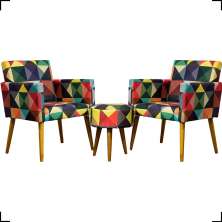 Kit 2 Poltronas Decorativas Para Sala Nina + Puff Estampa Triângulo Colorido Pé Castanho - Clique E Decore