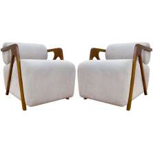Kit 2 Poltronas Decorativas Para Sala Recepção Confortável Em Madeira Maciça Chloe Bouclé Bege