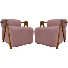 Kit 2 Poltronas Decorativas Para Sala Recepção Confortável Em Madeira Maciça Chloe Bouclé Premium Rosê