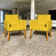 Kit 2 Poltronas Decorativas Para Sala, Manicure, Quarto Nina Suede Amarelo Pé Castanho - Clique E Decore