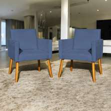 Kit 2 Poltronas Decorativas Para Sala, Manicure, Quarto Nina Suede Azul Marinho Pé Castanho - Clique E Decore