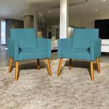 Kit 2 Poltronas Decorativas Para Sala, Manicure, Quarto Nina Suede Azul Turquesa Pé Castanho - Clique E Decore