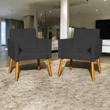 Kit 2 Poltronas Decorativas Para Sala, Manicure, Quarto Nina Suede Preto Pé Castanho - Clique E Decore