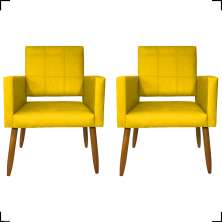 Kit 2 Poltronas Decorativas Para Sala, Quarto, Escritório Isa Suede Amarelo Pé Castanho - Clique E Decore