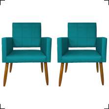 Kit 2 Poltronas Decorativas Para Sala, Quarto, Escritório Isa Suede Azul Turquesa Pé Castanho - Clique E Decore