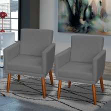 Kit 2 Poltronas Decorativas Reforçadas Beatriz Com Base Suede Cinza Pé Castanho - Clique E Decore