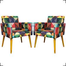 Kit 2 Poltronas Decorativas Reforçadas Nina Estampa Triângulo Colorido Pé Castanho - Clique E Decore