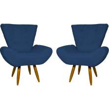 Kit 2 Poltronas Decorativas Reforçadas Para Sala Emilia Suede Azul Marinho Pé Castanho - Clique E Decore