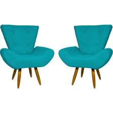 Kit 2 Poltronas Decorativas Reforçadas Para Sala Emilia Suede Azul Turquesa Pé Castanho - Clique E Decore