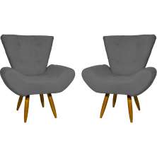 Kit 2 Poltronas Decorativas Reforçadas Para Sala Emilia Suede Cinza Pé Castanho - Clique E Decore