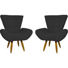 Kit 2 Poltronas Decorativas Reforçadas Para Sala Emilia Suede Preto Pé Castanho - Clique E Decore