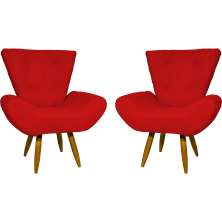 Kit 2 Poltronas Decorativas Reforçadas Para Sala Emilia Suede Vermelho Pé Castanho - Clique E Decore