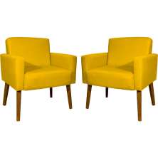 Kit 2 Poltronas Decorativas Reforçadas Para Sala Hope Suede Amarelo Pé Castanho - Clique E Decore