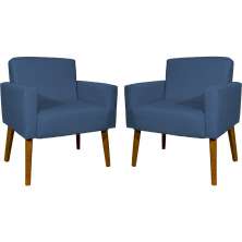 Kit 2 Poltronas Decorativas Reforçadas Para Sala Hope Suede Azul Marinho Pé Castanho - Clique E Decore