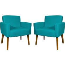 Kit 2 Poltronas Decorativas Reforçadas Para Sala Hope Suede Azul Turquesa Pé Castanho - Clique E Decore