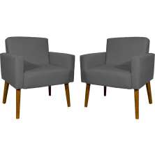 Kit 2 Poltronas Decorativas Reforçadas Para Sala Hope Suede Cinza Pé Castanho - Clique E Decore