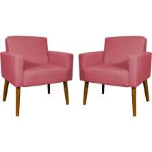 Kit 2 Poltronas Decorativas Reforçadas Para Sala Hope Suede Rosê Pé Castanho - Clique E Decore