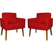 Kit 2 Poltronas Decorativas Reforçadas Para Sala Hope Suede Vermelho Pé Castanho - Clique E Decore