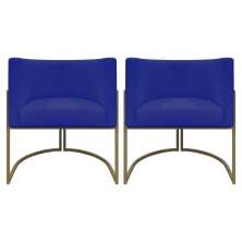 Kit 2 Poltronas Decorativas Reforçadas Para Sala Luna Escritório Consultório Recepção Corino Azul Royal Base de Ferro Champagne