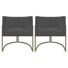 Kit 2 Poltronas Decorativas Reforçadas Para Sala Luna Escritório Consultório Recepção Corino Cinza Base de Ferro Champagne