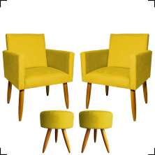 Kit 2 Poltronas Decorativas Reforçadas Para Sala Nina + 2 Puff Redondos Suede Amarelo Pé Castanho - Clique E Decore
