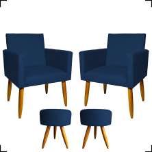 Kit 2 Poltronas Decorativas Reforçadas Para Sala Nina + 2 Puff Redondos Suede Azul Marinho Pé Castanho - Clique E Decore