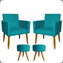 Kit 2 Poltronas Decorativas Reforçadas Para Sala Nina + 2 Puff Redondos Suede Azul Turquesa Pé Castanho - Clique E Decore