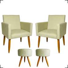 Kit 2 Poltronas Decorativas Reforçadas Para Sala Nina + 2 Puff Redondos Suede Bege Pé Castanhos - Clique E Decore