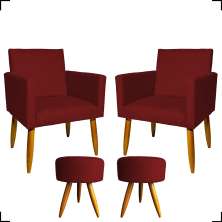 Kit 2 Poltronas Decorativas Reforçadas Para Sala Nina + 2 Puff Redondos Suede Bordo Pé Castanho - Clique E Decore