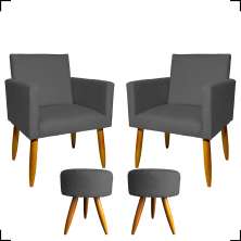 Kit 2 Poltronas Decorativas Reforçadas Para Sala Nina + 2 Puff Redondos Suede Cinza Pé Castanho - Clique E Decore