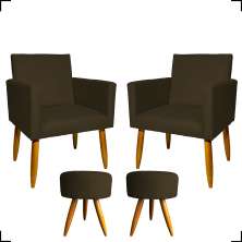 Kit 2 Poltronas Decorativas Reforçadas Para Sala Nina + 2 Puff Redondos Suede Marrom Pé Castanho - Clique E Decore