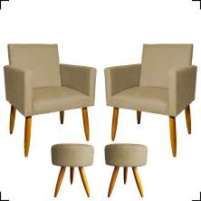 Kit 2 Poltronas Decorativas Reforçadas Para Sala Nina + 2 Puff Redondos Suede Nude Pé Castanho - Clique E Decore