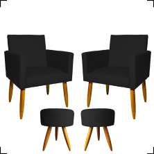 Kit 2 Poltronas Decorativas Reforçadas Para Sala Nina + 2 Puff Redondos Suede Preto Pé Castanho - Clique E Decore