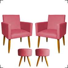 Kit 2 Poltronas Decorativas Reforçadas Para Sala Nina + 2 Puff Redondos Suede Rosê Pé Castanho - Clique E Decore