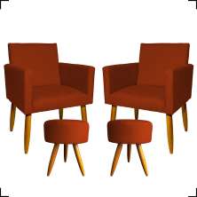 Kit 2 Poltronas Decorativas Reforçadas Para Sala Nina + 2 Puff Redondos Suede Terracota Pé Castanho - Clique E Decore