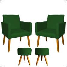 Kit 2 Poltronas Decorativas Reforçadas Para Sala Nina + 2 Puff Redondos Suede Verde Pé Castanho - Clique E Decore