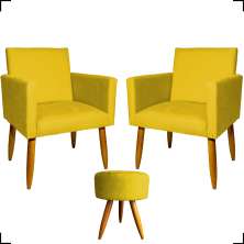 Kit 2 Poltronas Decorativas Reforçadas Para Sala Nina + Puff Redondo Suede Amarelo Pé Castanho - Clique E Decore